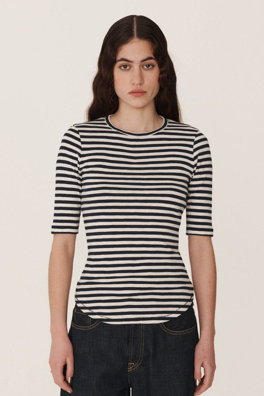 Women YMC Womens | Charlotte Short Slv Top Stripe Navy-White