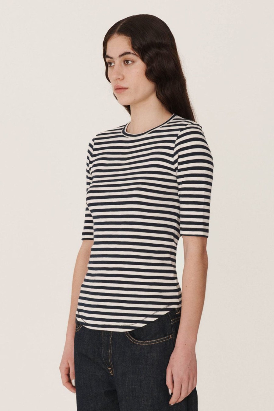 Women YMC Womens | Charlotte Short Slv Top Stripe Navy-White