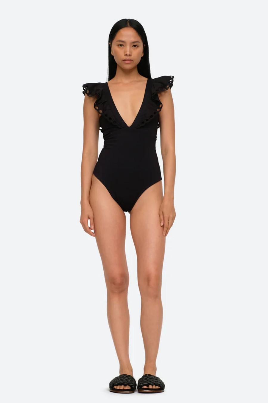 Women Sea | Solid Scallop One Piece Black